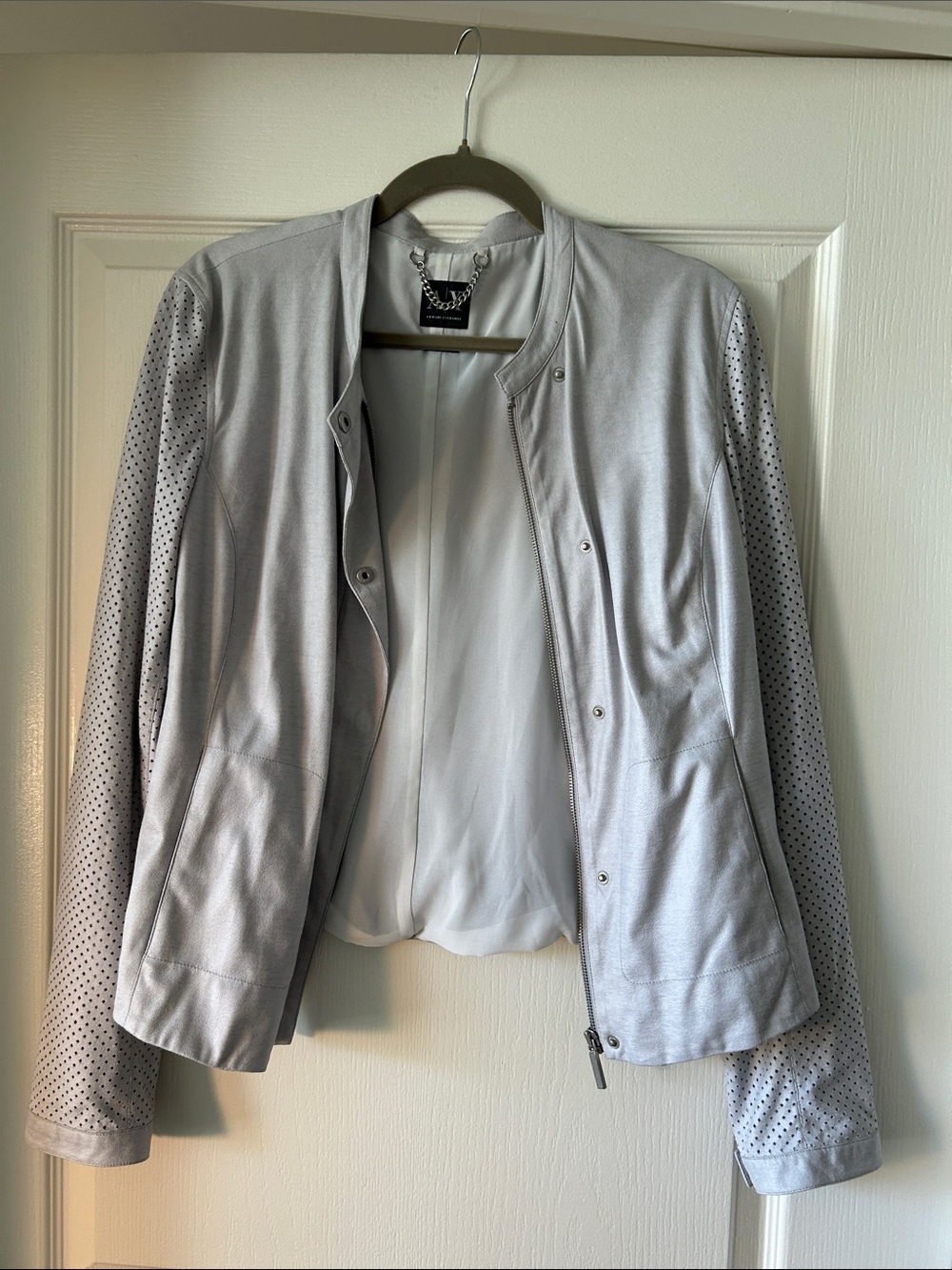 Armani Exchange Light Gray Perforated-Sleeve Suede-Like Jacket